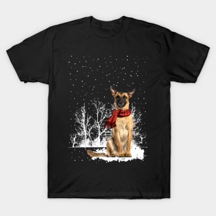 Christmas Belgian Malinois With Scarf In Winter Forest T-Shirt